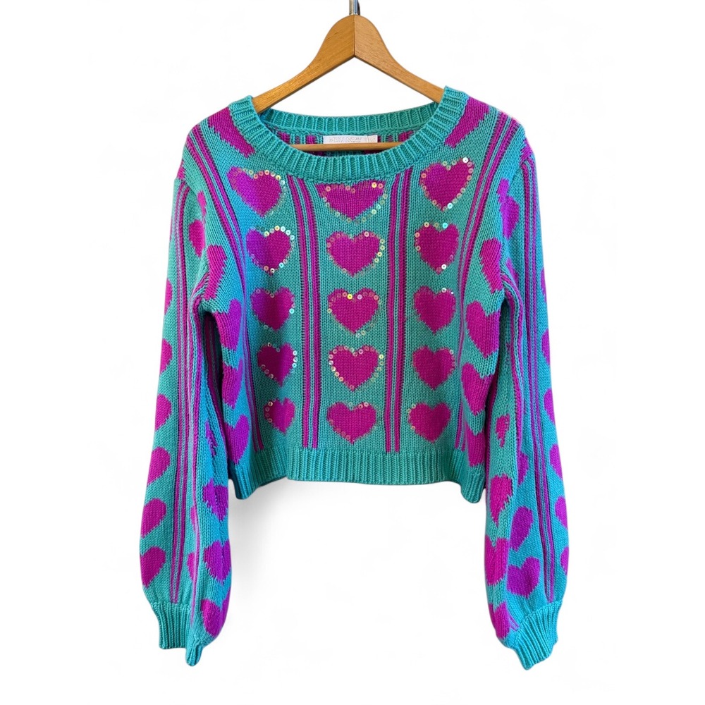 Muy Muy Teal with PInk Hearts Wmns Cropped M Sweater with Sequins 90's Y2K Style